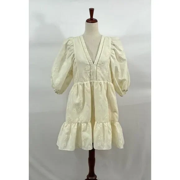 HUNTER BELL Sz L Large Gaille Cream Short Puff Sleeve Jacquard Dress - Picture 2 of 12